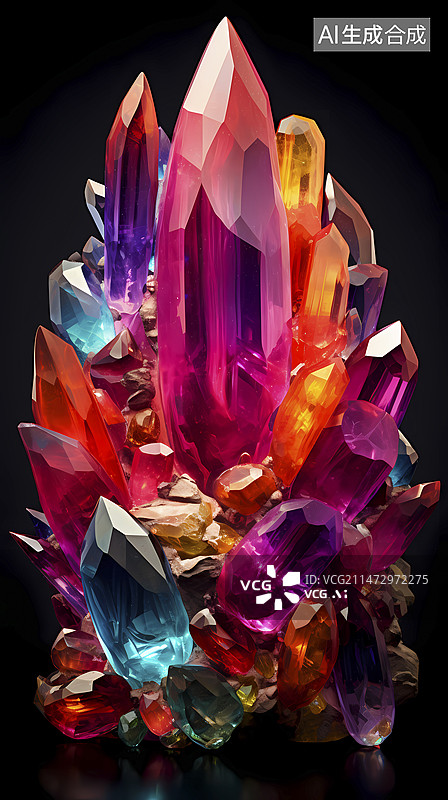 【AI数字艺术】数码彩色霓虹水晶几何抽象图形海报手机端背景图片素材