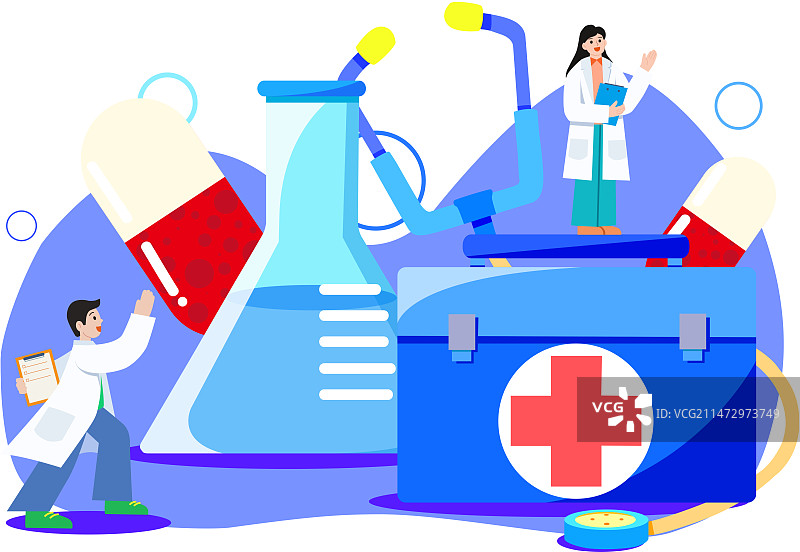 扁平风两名医生和医疗器械组合矢量图图片素材