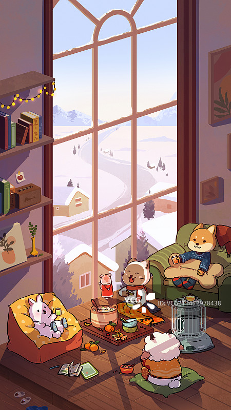 冬天雪景室内温暖欢乐聚会团圆图片素材