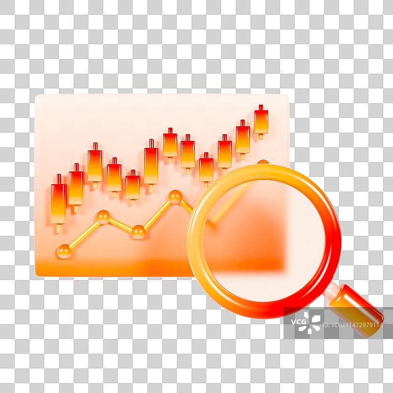 3D渲染的红金渐变金融数据分析放大镜上升上涨金融元素图片素材