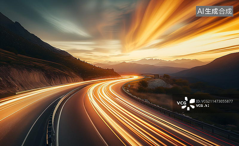 【AI数字艺术】汽车灯光轨迹 公路 长曝光照片图片素材