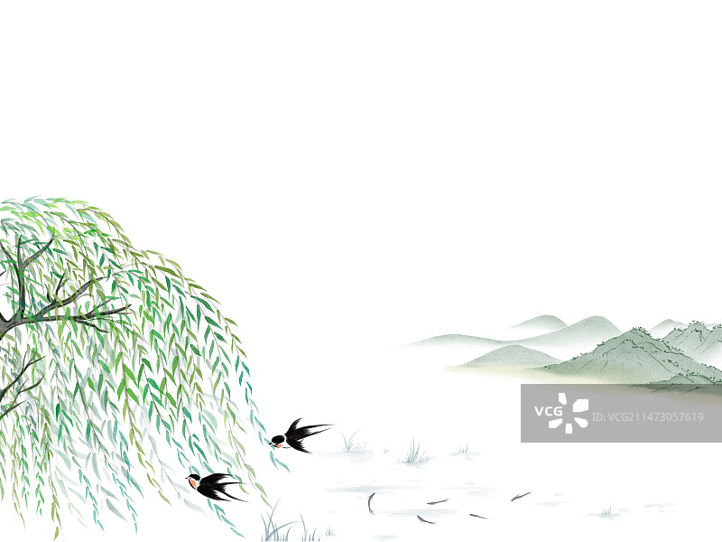 春天柳树抽条燕子归来节气插画图片素材