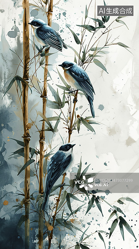 【AI数字艺术】鸟儿在竹子上嬉戏水墨水彩画图片素材