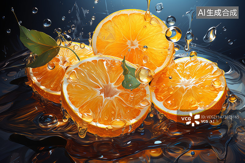 【AI数字艺术】黑色背景的橙子飞溅的果汁图片素材