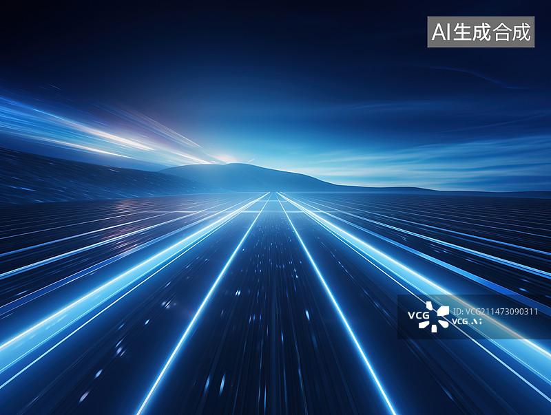 【AI数字艺术】山间的蓝色的高速道路光轨图片素材