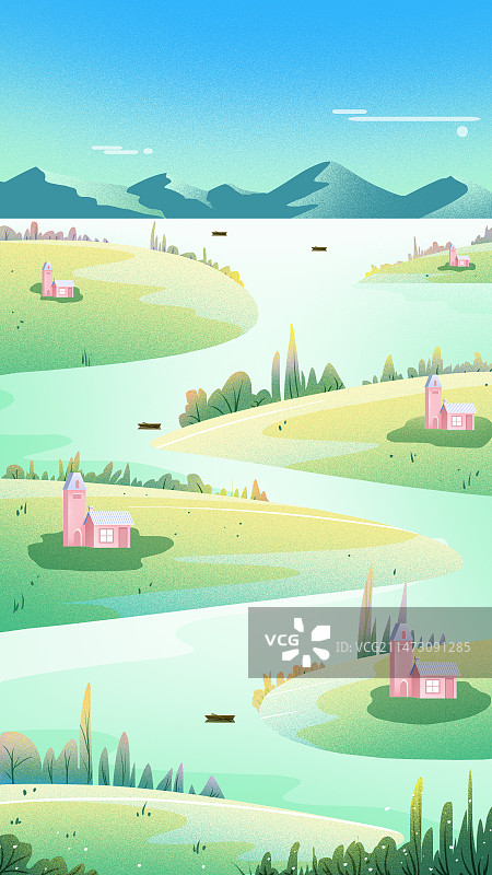 手绘扁平插画春天绿色图片素材