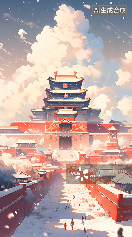 【AI数字艺术】中国风古代建筑插画图片素材