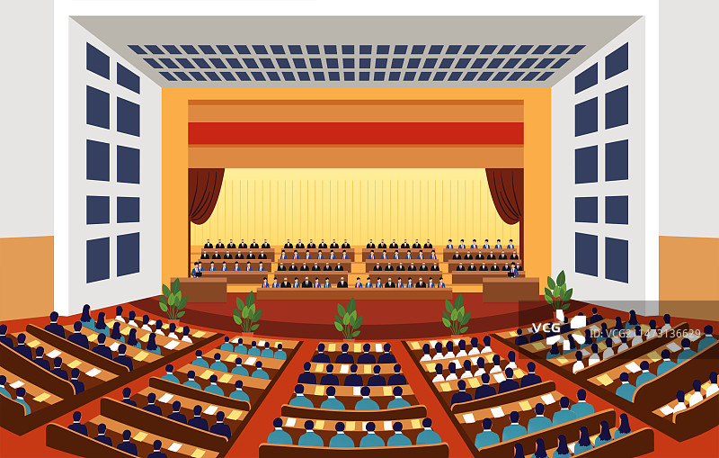 插画扁平科技风会堂内景会议现场图片素材