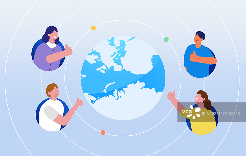 插画扁平科技风蓝色地球和轨迹线四周伸手夸赞人物图片素材