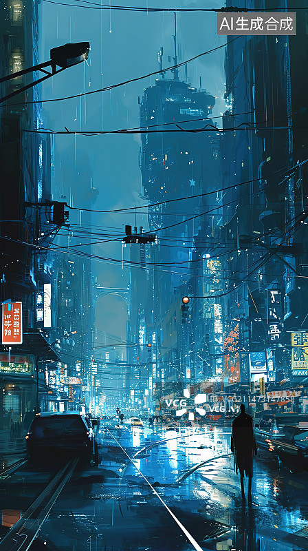 【AI数字艺术】城市街道上的人们在灯火通明的城市里图片素材