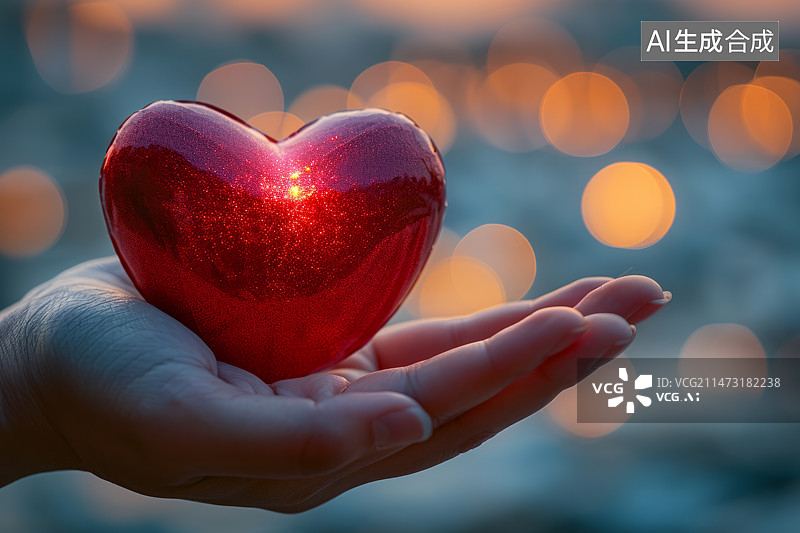 【AI数字艺术】写实风格一只手捧着一个红心背景虚化图片素材