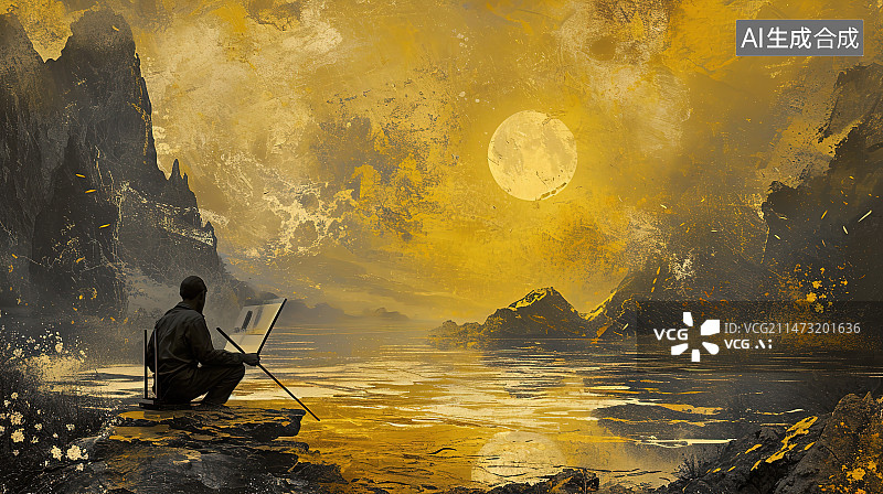 【AI数字艺术】日落时坐在湖边的人的剪影图片素材