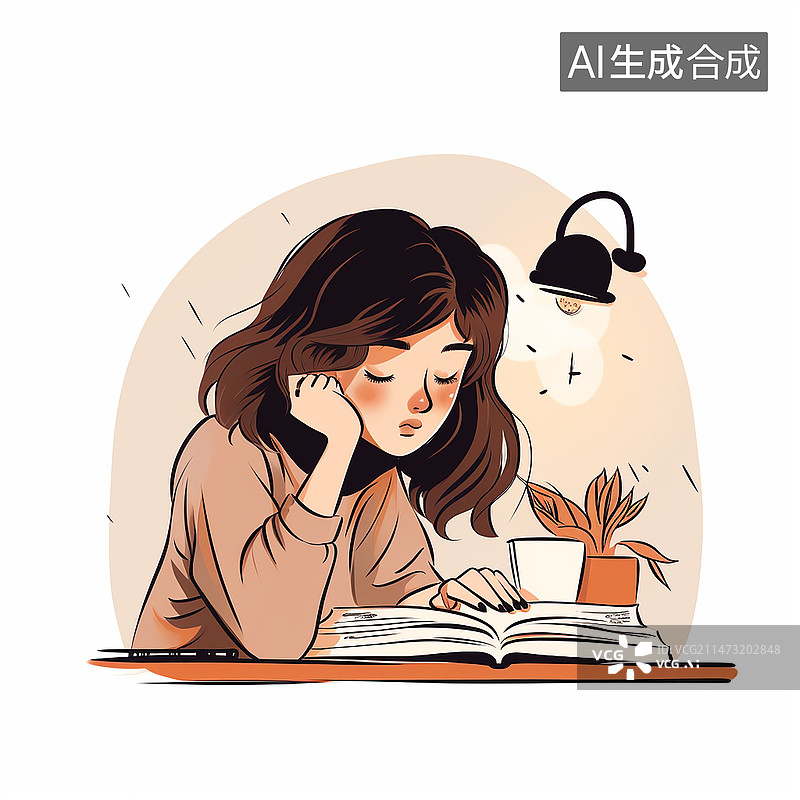 【AI数字艺术】女孩在学习加班熬夜插画，白色背景图片素材