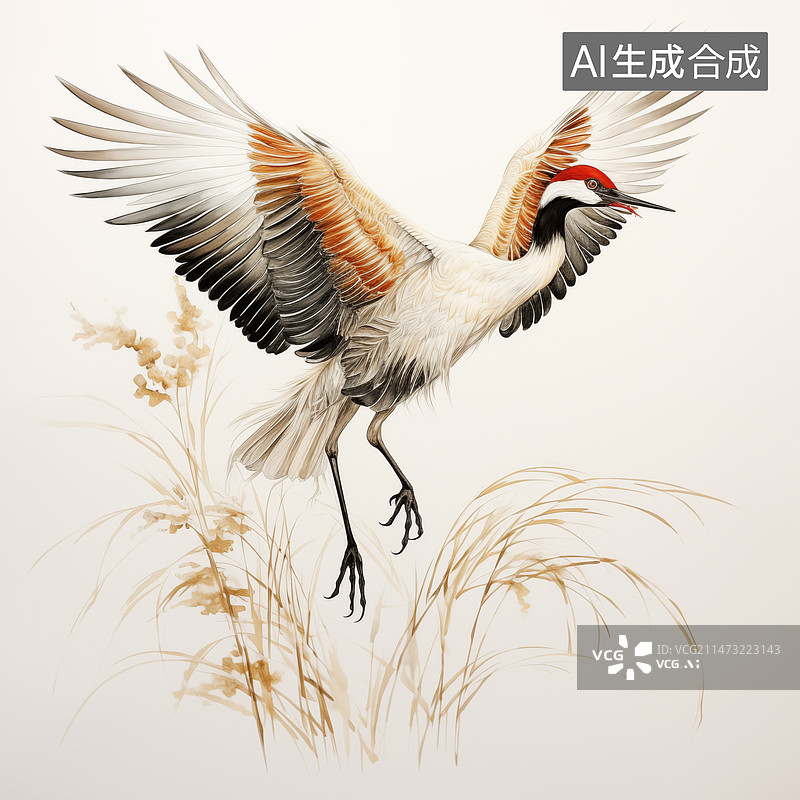【AI数字艺术】白色背景下飞翔的丹顶鹤素材图片素材