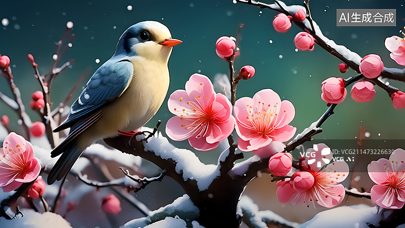【AI数字艺术】冬天小鸟和梅花插画图片素材