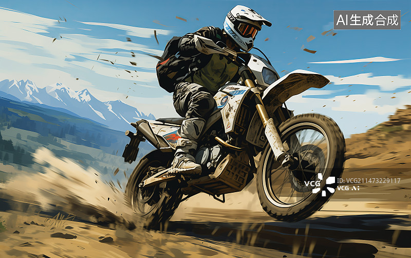 【AI数字艺术】一位越野摩托车手正在山路上快速骑行图片素材