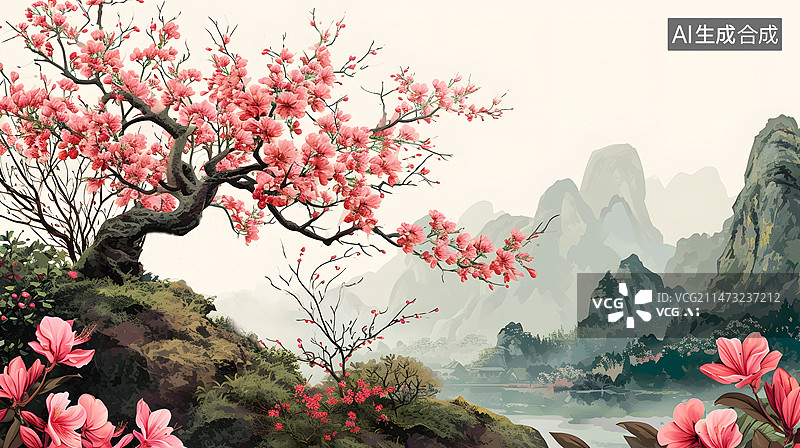 【AI数字艺术】AIGC:国风山水画花卉 背景插画图片素材