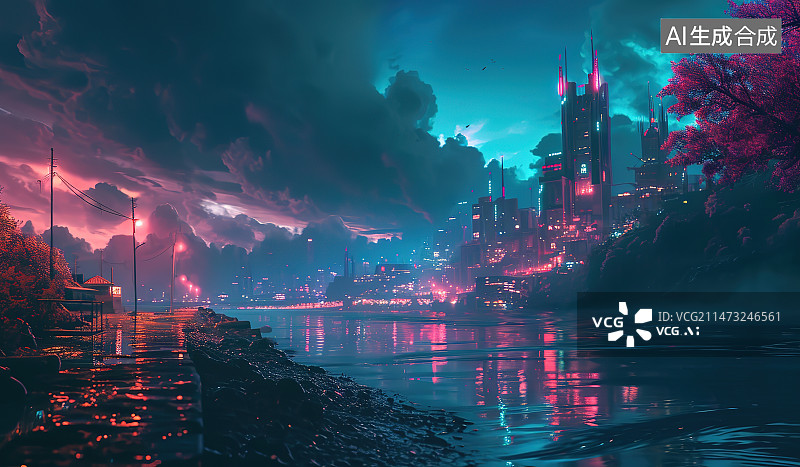 【AI数字艺术】城市风光夜景全景图片素材