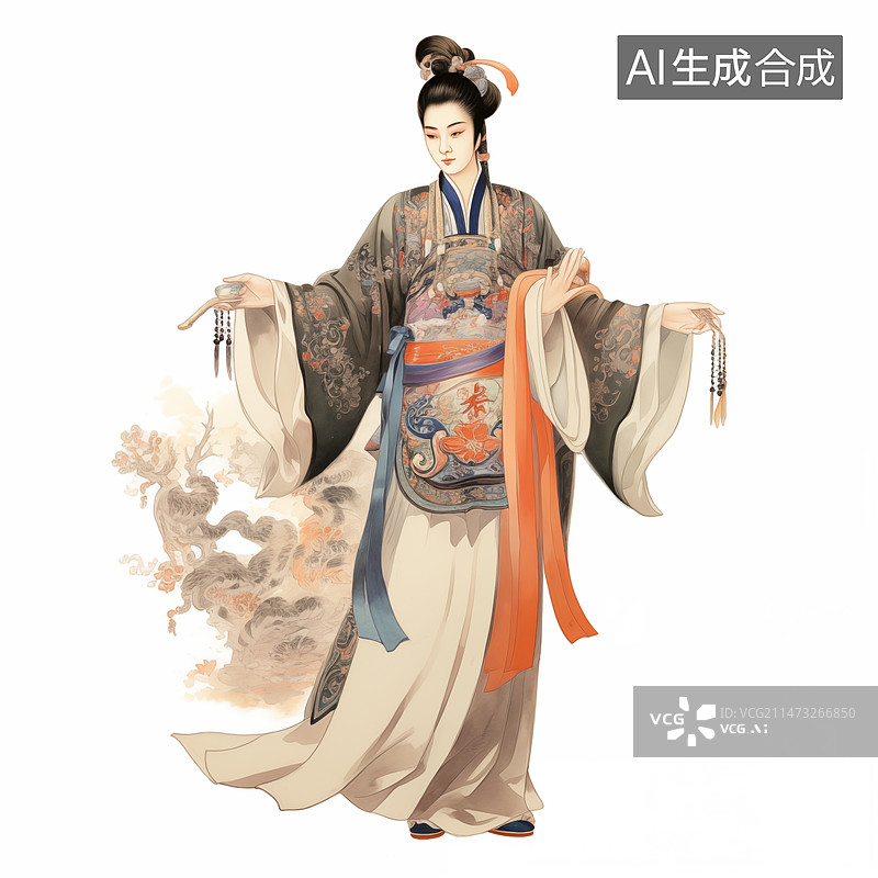 【AI数字艺术】白色背景唐风壁画色彩男性人物形象图片素材
