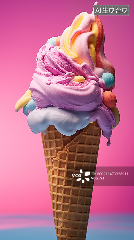 【AI数字艺术】彩色背景下的彩色冰淇淋特写镜头图片素材