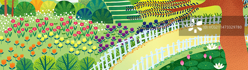 唯美扁平化背景唯美风景插画 公园里的花图片素材