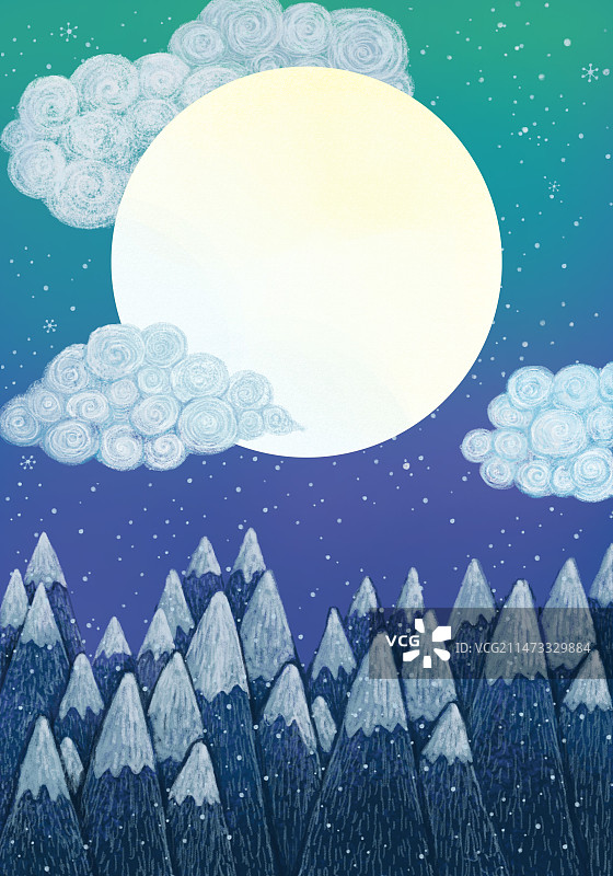 唯美扁平化背景唯美风景插画 雪山上空的大月亮图片素材