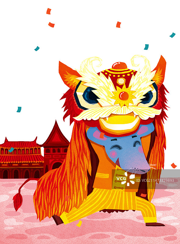 可爱有趣的动物插画 在舞狮子的老鼠图片素材