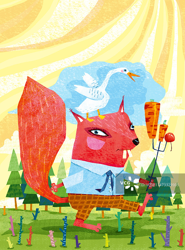 可爱有趣的动物插画 红松鼠和白鹅图片素材