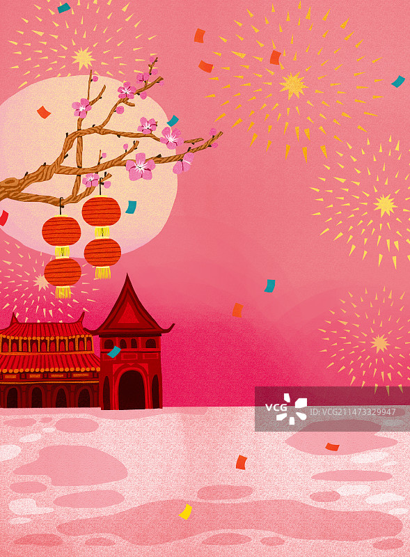 唯美扁平化背景唯美风景插画 春节古建筑梅花灯笼图片素材