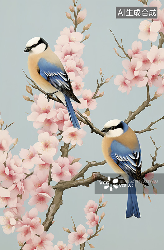 【AI数字艺术】麻雀鸟类在梅花枝头嬉戏工笔画图片素材