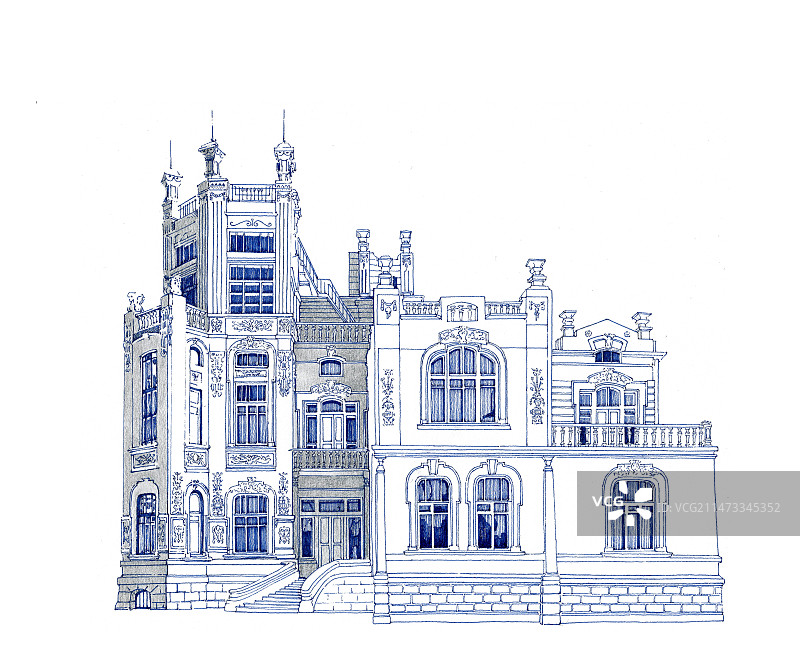 哈尔滨建筑街景，钢笔画图片素材