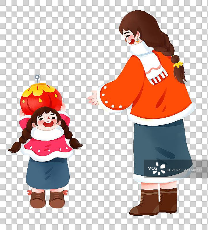 春节年俗插画一家人贴对联挂灯笼元素图片素材