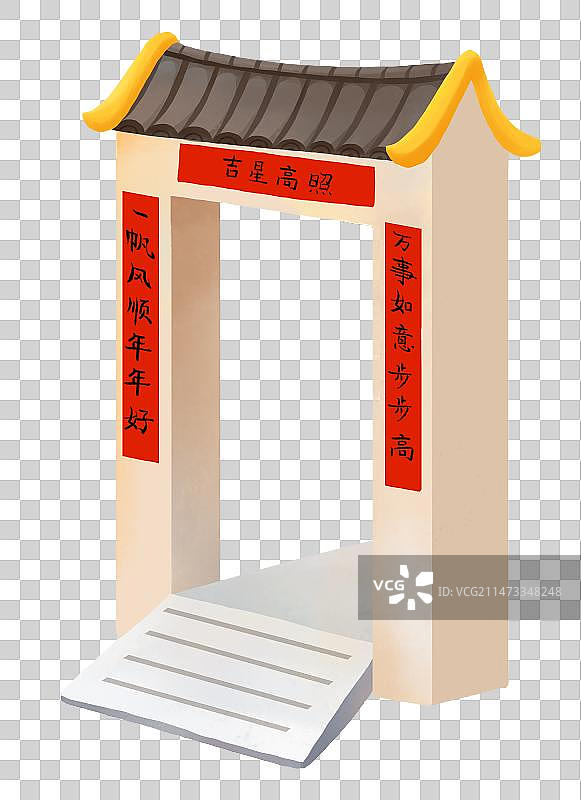 春节年俗插画一家人贴对联挂灯笼元素大门图片素材