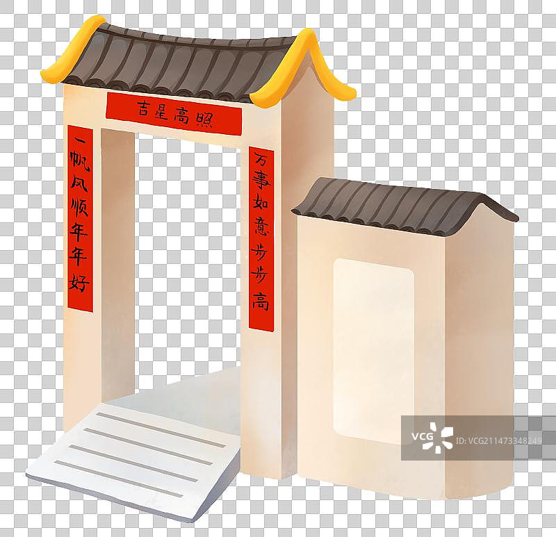 春节年俗插画一家人贴对联挂灯笼元素大门图片素材