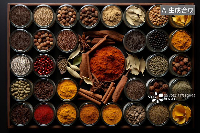 【AI数字艺术】整齐排俩的小碗装的各种烹饪调料图片素材
