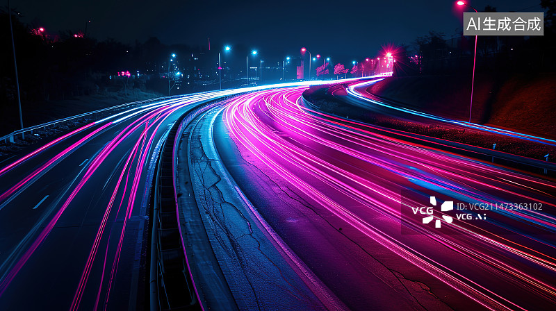 【AI数字艺术】城市道路灯光小径的高角度观察图片素材