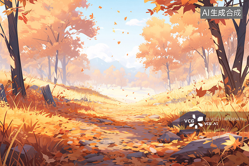 【AI数字艺术】立秋节气森林场景插图，秋天户外自然风景插画图片素材