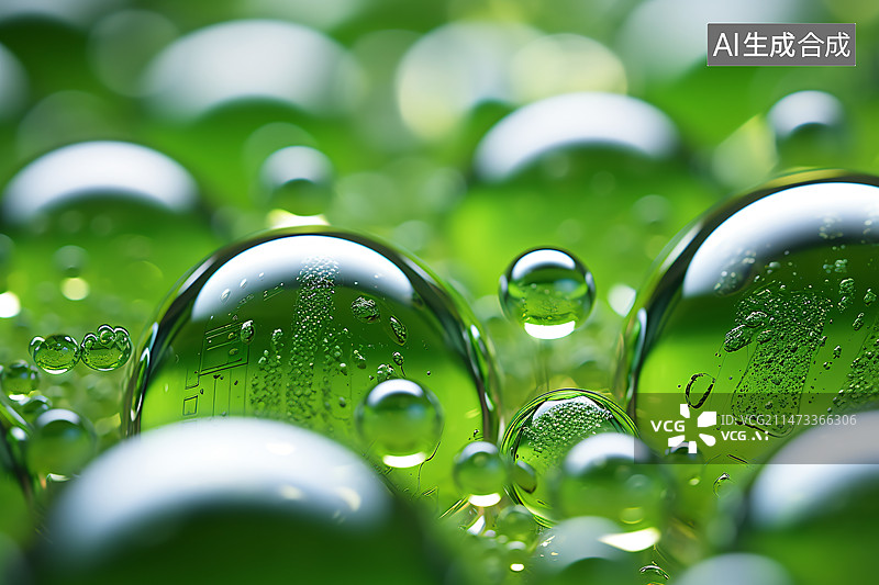 【AI数字艺术】光滑水面和绿色背景中的泡泡，化妆品成分分子概念插图图片素材