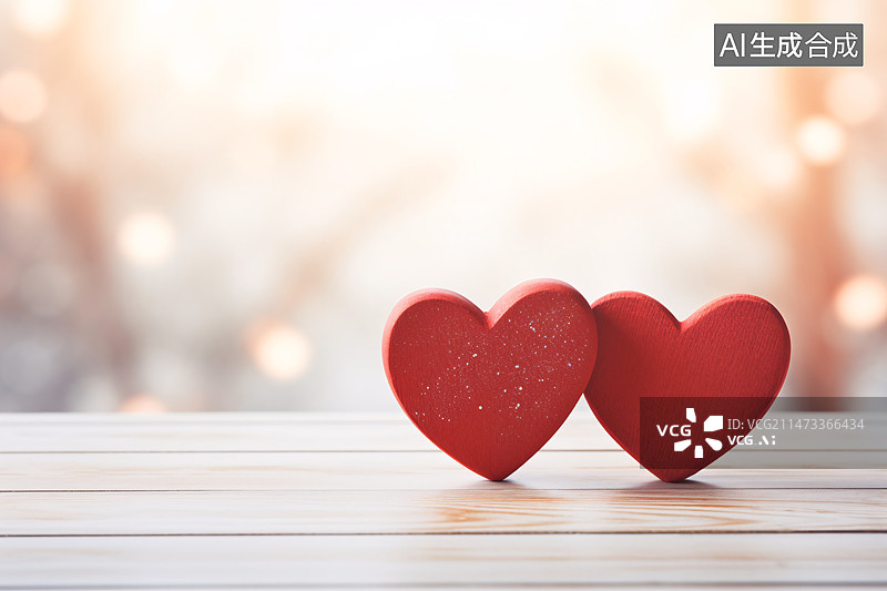 【AI数字艺术】木制背景上的两个爱心，情人节心形背景概念插图图片素材