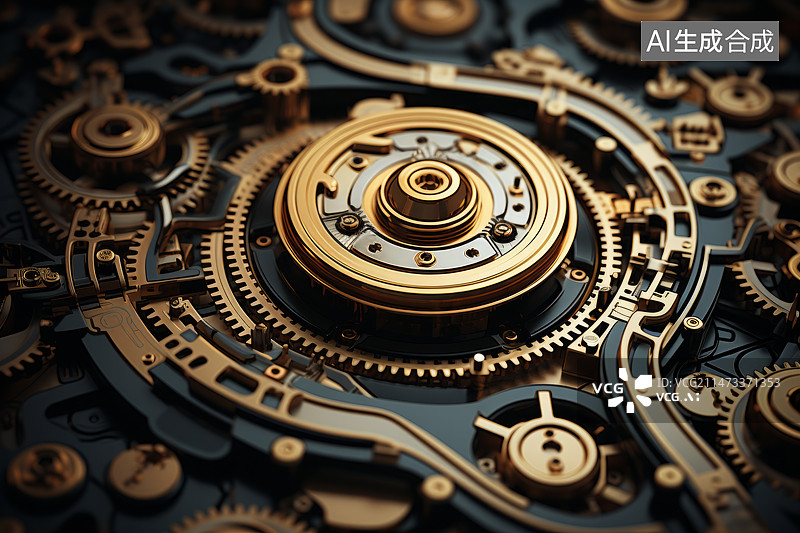 【AI数字艺术】金色的齿轮复杂机械结构图片素材