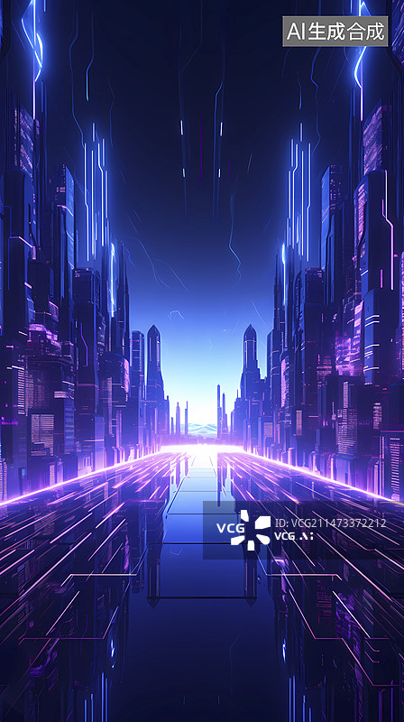 【AI数字艺术】数码科技霓虹赛博城市抽象几何海报背景图片素材