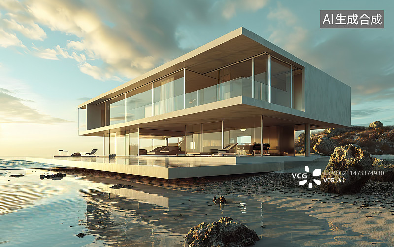 【AI数字艺术】夕阳下的水上屋图片素材