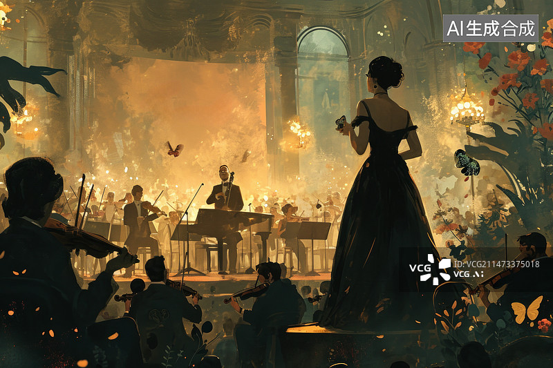 【AI数字艺术】油画风格在演出的女人和乐队图片素材