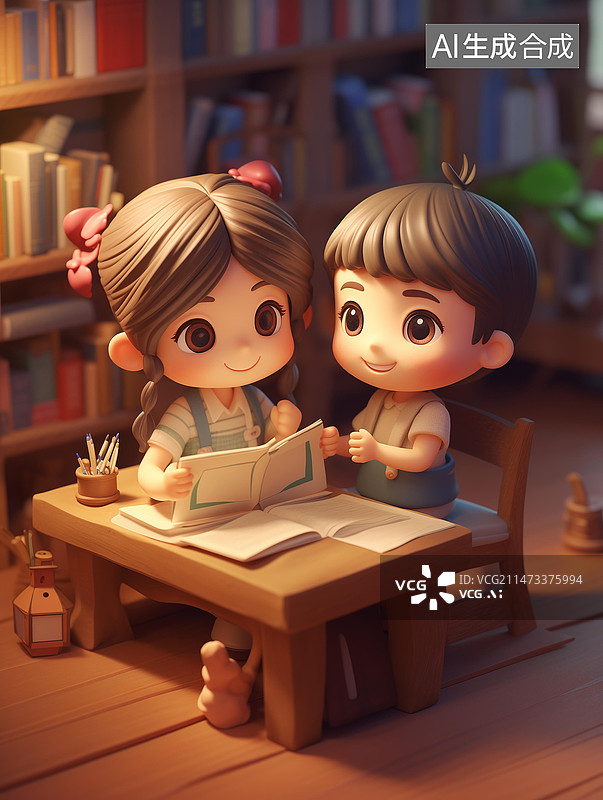 【AI数字艺术】卡通插画写作业的小学生图片素材