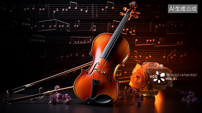 【AI数字艺术】黑色背景下小提琴和小提琴特写镜头图片素材