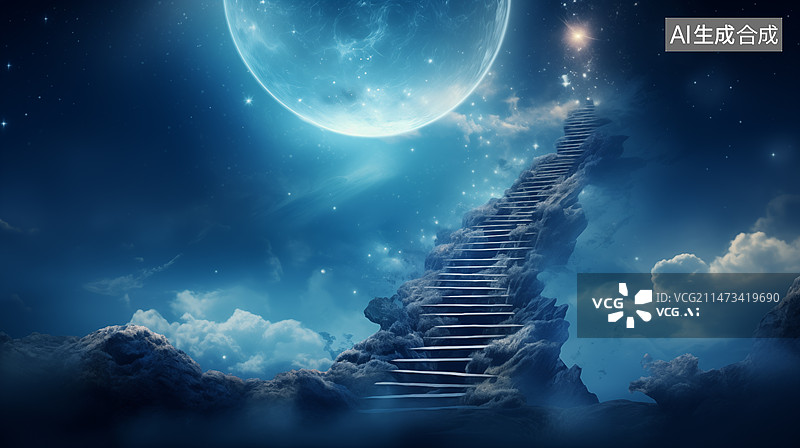 【AI数字艺术】蓝色星空背景，梯子智慧想法图片素材