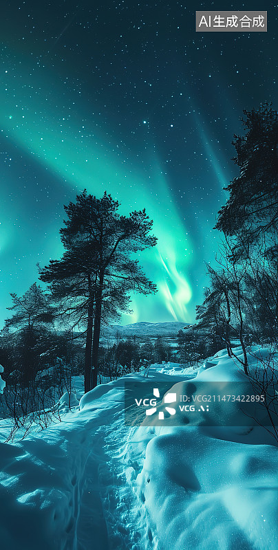 【AI数字艺术】夜幕下白雪皑皑的树木映衬着天空图片素材