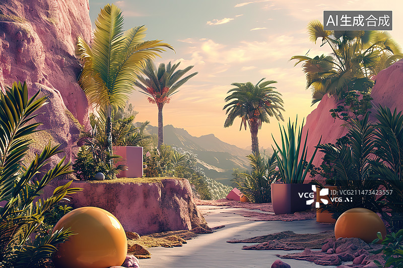 【AI数字艺术】日落时棕榈树对天的景色图片素材
