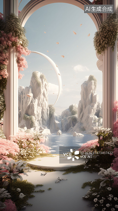 【AI数字艺术】粉红色开花植物对建筑物的低角度视图，唯美的后花园，秘密花园图片素材