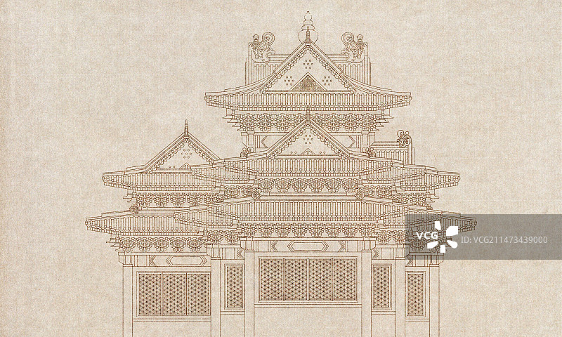 故宫角楼插画，填色线稿，中国画工笔画白描，设计素材图片素材